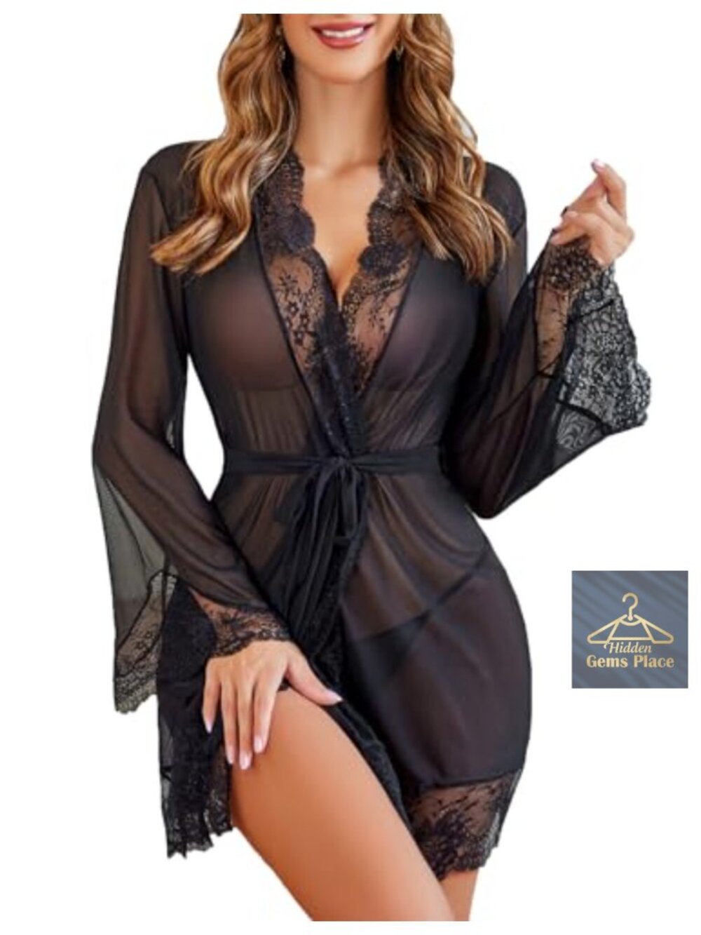 Lace Kimono Robe Mesh Chemise Set with G-String Belt